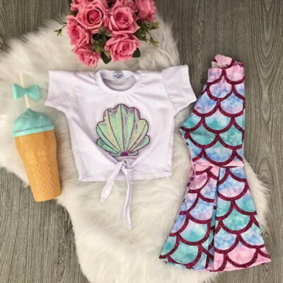 

2PCS Toddler Kids Baby Girl Mermaid Tops T-Shirt Pants Leggings Outfits Sunsuit