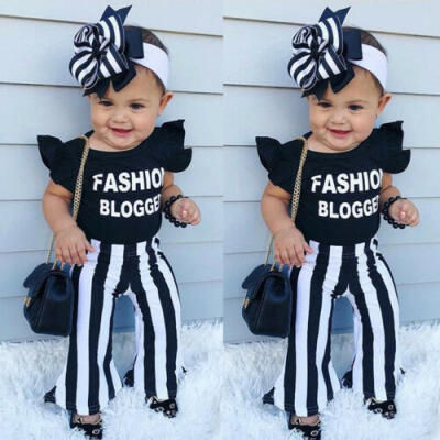 

Kids Baby Girls Summer Tops T-shirt Bell-Bottom Striped Pants Outfit Set Clothes