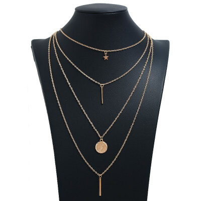 

Vintage Engraving Necklace Multi-layer Gold Silver Sequins Long Necklace Big Pendant Moon Necklace Bohemian Style Jewelry