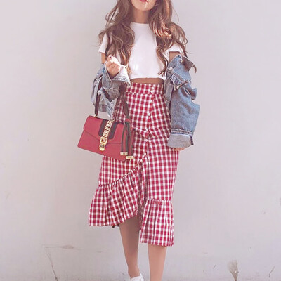 

Roseonmyhand Women Plaid Casual Ruffled Female Button Party Slit High Waist Mid-Calf Skirt