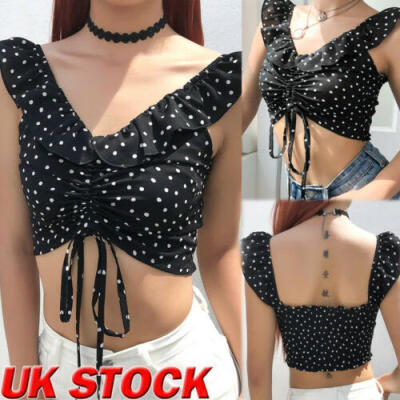 

UK Fashion Summer Women Shirt Dot Printed Bandage Blouse Casual Tops Vest