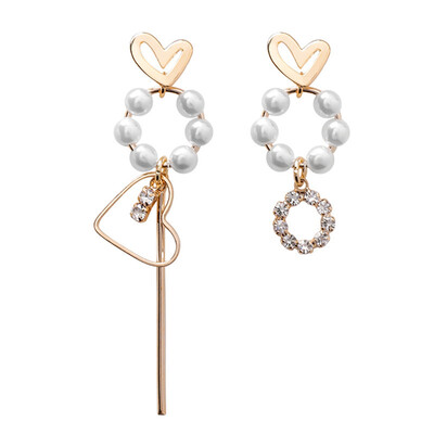 

Women Faux Pearl Cubic Zirconia Inlaid Hollow Heart Drop Asymmetrical Earrings