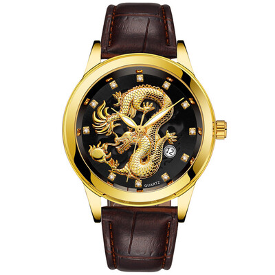 

Gobestart Waterproof Mens Gold Dragon Sculpture Quartz Watch Luxury Men Leather Wristwatch