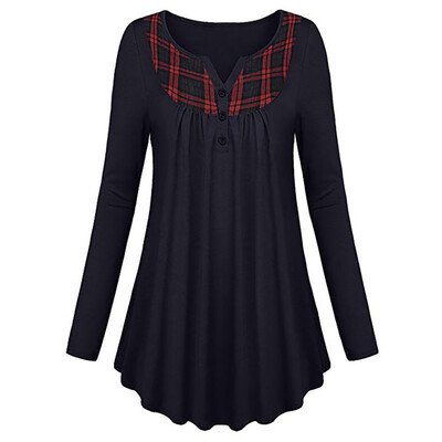 

Nomeni Women Henley Neck Long Sleeve Plaid Button Pleated Front Tunic Tops Blouse Shirt