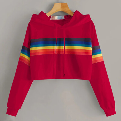 

Tailored Women Rainbow Striped Print Drawstring Hoodie Sweatshirt Casual Blouse Tops