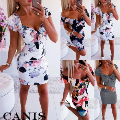 

Fashion Women Short Sleeve Bodycon Pencil Floral Sundress Summer Mini Dress UK