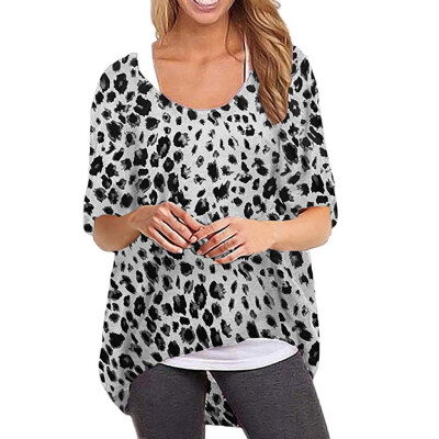 

Roseonmyhand Woman Fashion O-Neck Leopard Print Bat Sleeve Front Long Short Top Short Sleeve