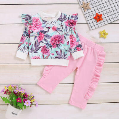 

Infant Baby Girls Ruffle Floral Outfit Tracksuit Pullover Top Pants Clothes Set