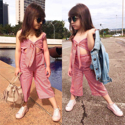 

Summer Toddler Baby Girls Sleeveless Bow Plaid Print Romper Jumpsuit