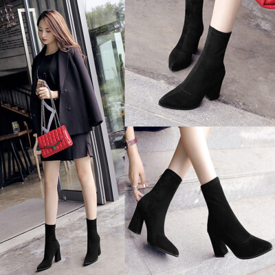 

Rose New Fashion Women Zipper Soild Pointed Toe Square Heel Shoes Party Boots