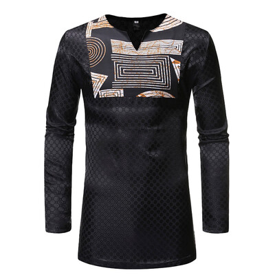 

Toponeto Men Vintage African Print Printed Long Sleeve V-Neck T-Shirt Top Blouse