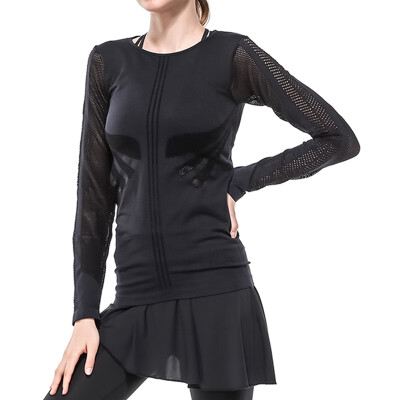 

Spring Autumn Women Fitness Shirt Women Running Gym Clothes Hollow Out Breathable Women Solid Long Sleeve Base O-Neck Shirt