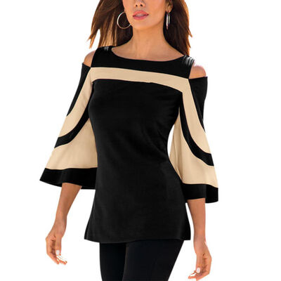 

Elegant womens T-Shirts&Tops Half Sleeve Flare Sleeve Cold Shouder Slim Tee Shirt Female Office Lady Casual Color Block Tops