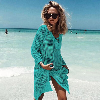 

New Women Knitting Cover Up Solid Hollow Out Lace Up Boho Loose Outerwear Beachwear Bikini Cover-ups
