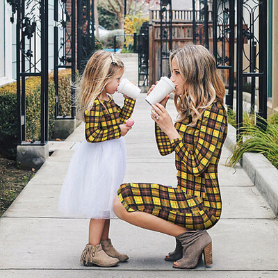 

Tailored Mommy＆Me Womens Long Sleeves O-Neck Printed Lattice Family Clothes Dress