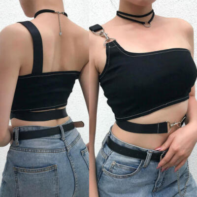 

Women Sexy One Shoulder Metal Buckles Vest Summer Club Party Crop Top Blouse NEW