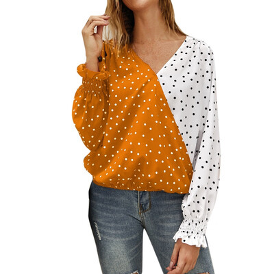 

Fashion New Stitching Color Wave Point Long-sleeved Shirt Casual Shirt V-neck Top