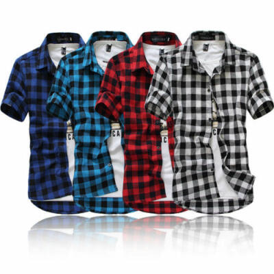 

US Fashion Mens Summer Casual Dress Shirt Mens Plaid Short Sleeve Shirts Tops