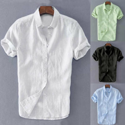 

New Summer Men Cotton Short Sleeve Solid Shirts Casual Loose Dress Soft Tops Tee