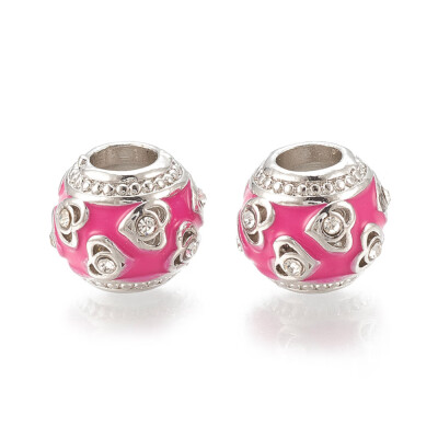 

Alloy European Beads Large Hole Beads with Rhinestone&Enamel Rondelle Platinum Crystal HotPink 11x10mm Hole 45mm