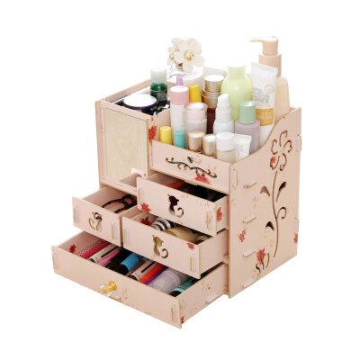 

Multifunctional Desktop Storage Box Assembly Wooden Large Capacity Makeup Cosmetic Storage Box with Mirror Multi Drawers DIY Jewel