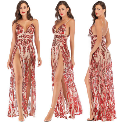 

〖Follure〗Sexy Women V Neck Maxi Sequin Halter Backless Split Cocktail Prom Gown Dress