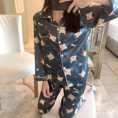 

Women Luxury Silk Satin Pajama Sets Long Sleeve Print Pyjamas Sleepwear Homewear