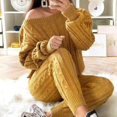 

Women Solid Color Sweater Casual Knitted Sweaters Pants Woman Jumper Tops Clothing Set Set Casual Knitted Warm Outfits