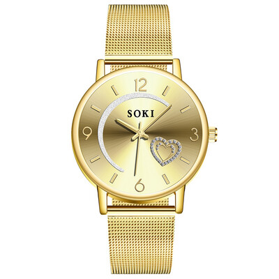 

Women Silver & Gold Mesh Love Heart Moon Dial Wristwatches Fashion Casual Womens Steel Quartz Watches Relogio Feminino Hot 533