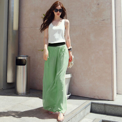 

Roseonmyhand Women Casual Solid Stretch High Waist Skirt Plain Flared Pleated Long Skirt