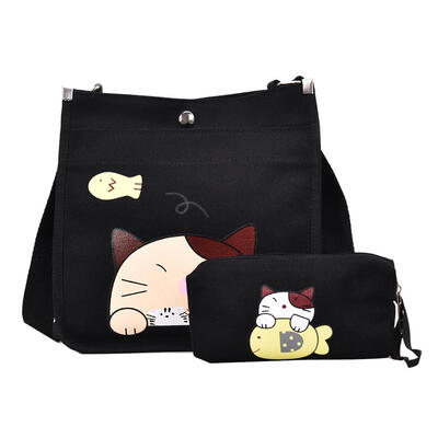 

2pcsset Women Canvas Cartoon Cat Print Shoulder Crossbody Handbags Pen Bag