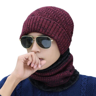

Men Fashion Crochet Knitted Beanie Winter Warm Hat Caps with Collar Scarf