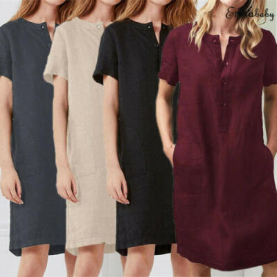 

Womens Short Sleeve Button Cotton Linen Ladies Summer Long Dress Oversize