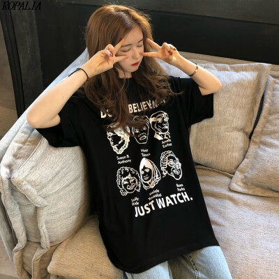 

Womens Korean Style Round Neck Cartoon Head Portraits Print Short Sleeve T-Shirt With Hole