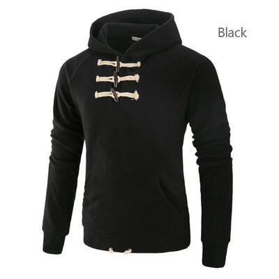 

New Mens Autumn Winter Casual Long Sleeve Hooded Hoodies Sweater For Men Fashion Pullover Horn Button Sweatshirts
