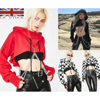 

UK STOCK Sexy Women Girl Gothic Hoodie Crop Top Pullover Chain Jumper Sweatshirt