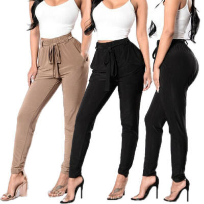 

Womens High Waist Casual Drawstring Elastic Long Pants Ladies Pencil Trousers