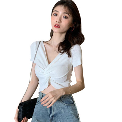 

Women V Neck Solid Slim Knitted Crop Top Pullover Crisscross Shirt