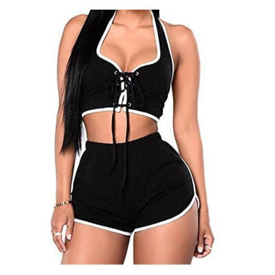 

2018 New Fashion Women&acutes Skinny Sexy String Closure Halter Tops Sports Short Jumpsuit Two Piece Outfits