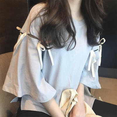 

Casual Women Summer T-shirt 34 Sleeves Tie Rope Solid Color Loose Tops