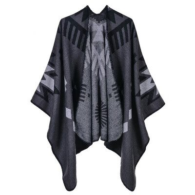 

Vintage Women Knitted Shawl Poncho Faux Cashmere Geometric Open Front Autumn Winter Warm Cape