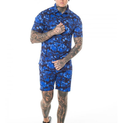 

Toponeto Men Street Shirt&Shorts Summer Bohemia Style Printed Outfit Two Piece Set