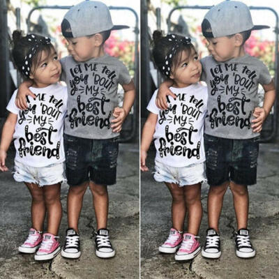

Baby Brother Sister Matching Outfits Best Friend T-ShirtRipped Denim Shorts Set