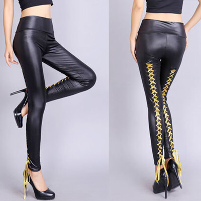 

Tailored Women Ladies Fashion High Waist Sexy Black Ladies Lace Up Leather Leggings Pants