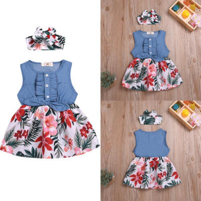 

US 2Pcs Toddler Kids Baby Girl Denim Dress Floral Skirt Headband Summer Sundress