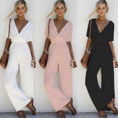 

Women V Neck Loose Playsuit Party Ladies Romper Short Sleeve Long Jumpsuit -XL
