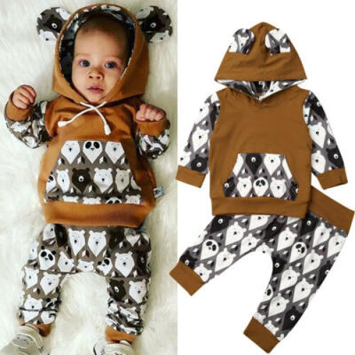 

USA 2PCS Newborn Baby Girl Boy Tracksuit Clothes Hooded Top Long Pants Outfits