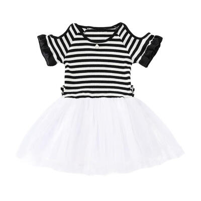 

Infants Off Shoulder Stripe Dresses Girls Stitching Gauze Baby Clothing