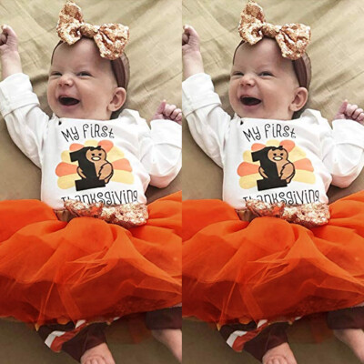 

My First Thanksgiving Outfit Baby Girl Cute Turkey Romper Bowknot Tutu Princess Dress Leg Warmers Headband 4PcsSet Clothes