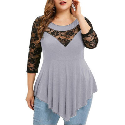 

Roseonmyhand Plus Size Women Solid Floral Lace O-Neck Asymmetric Three Quarter Tops Blouse